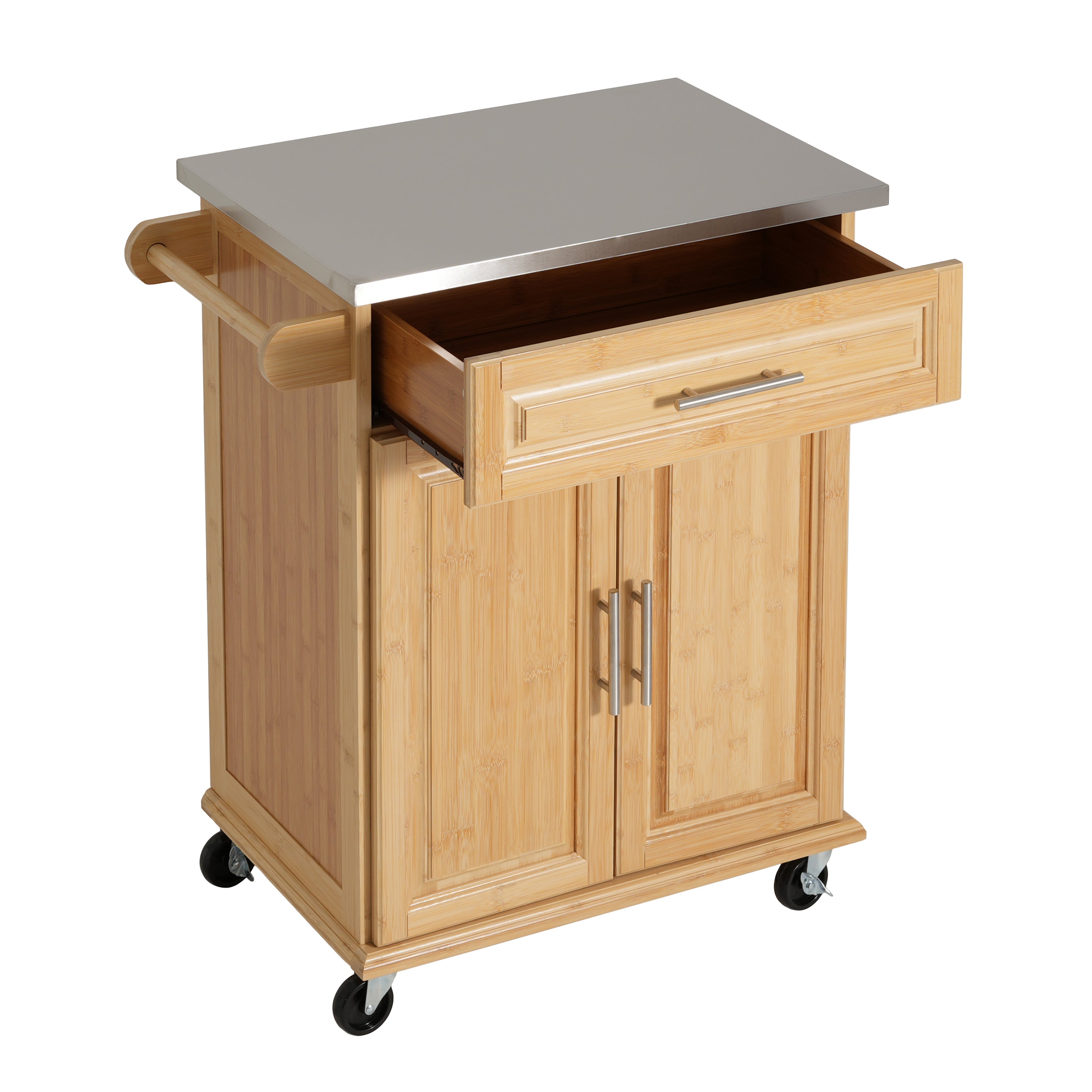 Indoor Compact Bamboo Rolling Kitchen Cart with Stainless Steel Top – Mobile Storage Island with Drawer & Cabinet for Small Spaces - Grand Goldman Shop