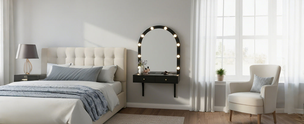 Floating Wall Mounted Makeup Vanity Desk with LED Mirror 3 Color Lights, Compact Dressing Table with Power Outlet & USB Charging, Space Saving Large Storage Vanity for Bedroom Bathroom, Black - Grand Goldman Shop