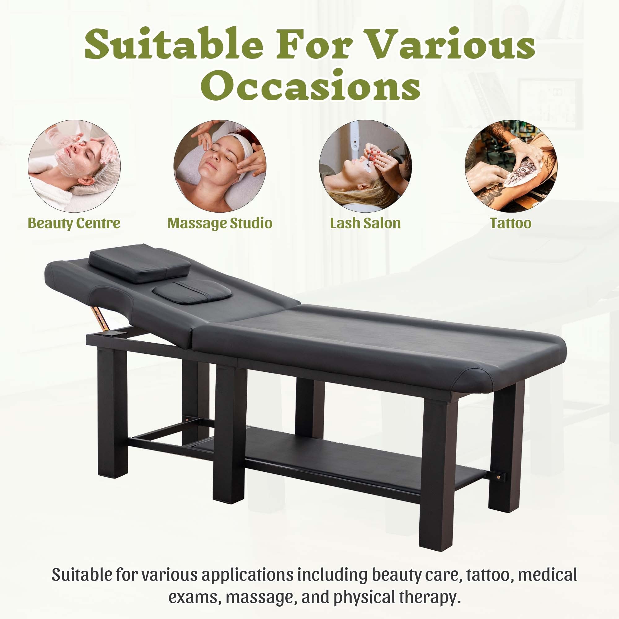 Spa Salon Massage Table with Bottom Storage, Adjustable Backrest (0-15°) & Detachable Headrest, High-Resiliency Waterproof Cu