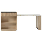 K&K 82.6' Fluted Kitchen Island with Extendable Dining Table for 4-6, Island Table for Kitchen with Power Outlet, Kitchen Table with Double-Side Storage, 2 Drawers 2 Side Open Shelves, Natural - Grand Goldman Shop