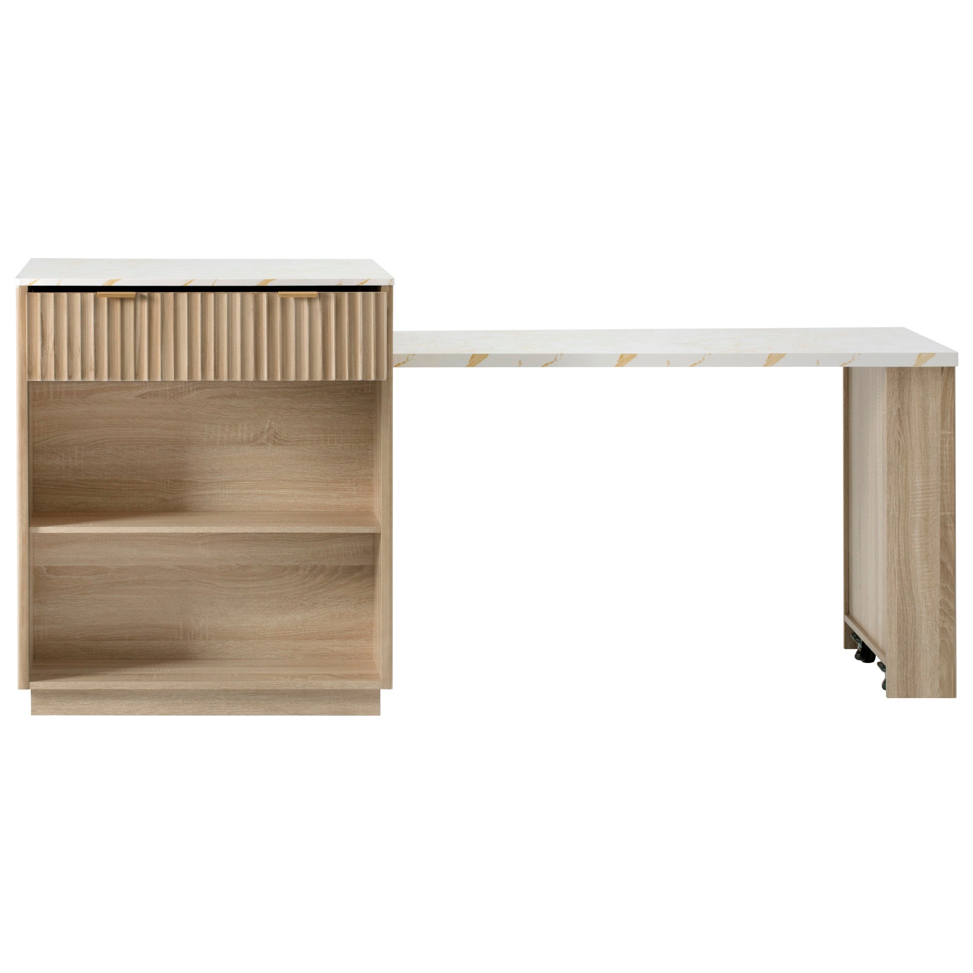 K&K 82.6' Fluted Kitchen Island with Extendable Dining Table for 4-6, Island Table for Kitchen with Power Outlet, Kitchen Table with Double-Side Storage, 2 Drawers 2 Side Open Shelves, Natural - Grand Goldman Shop