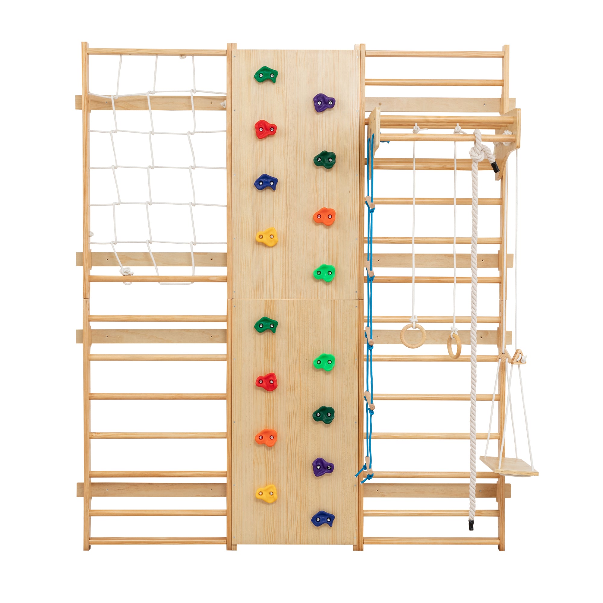 All-in-One 10-in-1 Indoor Climbing Set - Featuring a Rock Climbing Wall, Wooden Swings, Gymnastic Rings, Rope Ladders, and St
