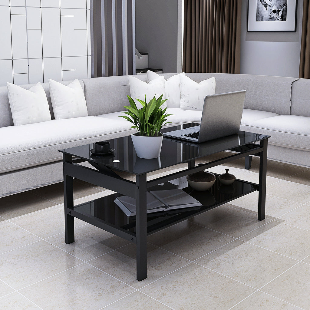 Modern Simple Lift Top Coffee Table with 2-Layer Tempered Glass in Black for Living Room - Grand Goldman Shop
