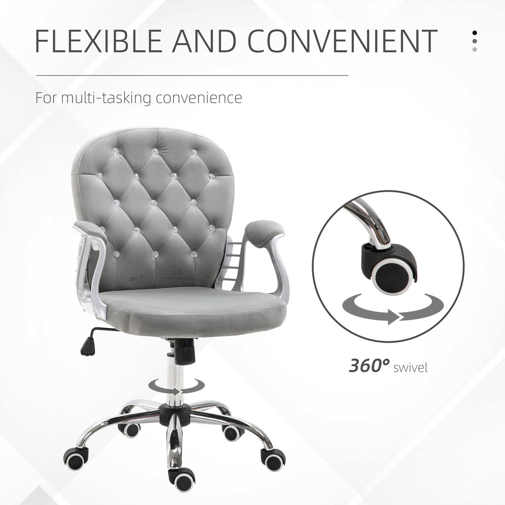 Velvet Home Office Chair, Button Tufted Desk Chair with Padded Armrests, Adjustable Height and Swivel Wheels, Gray | Premium 