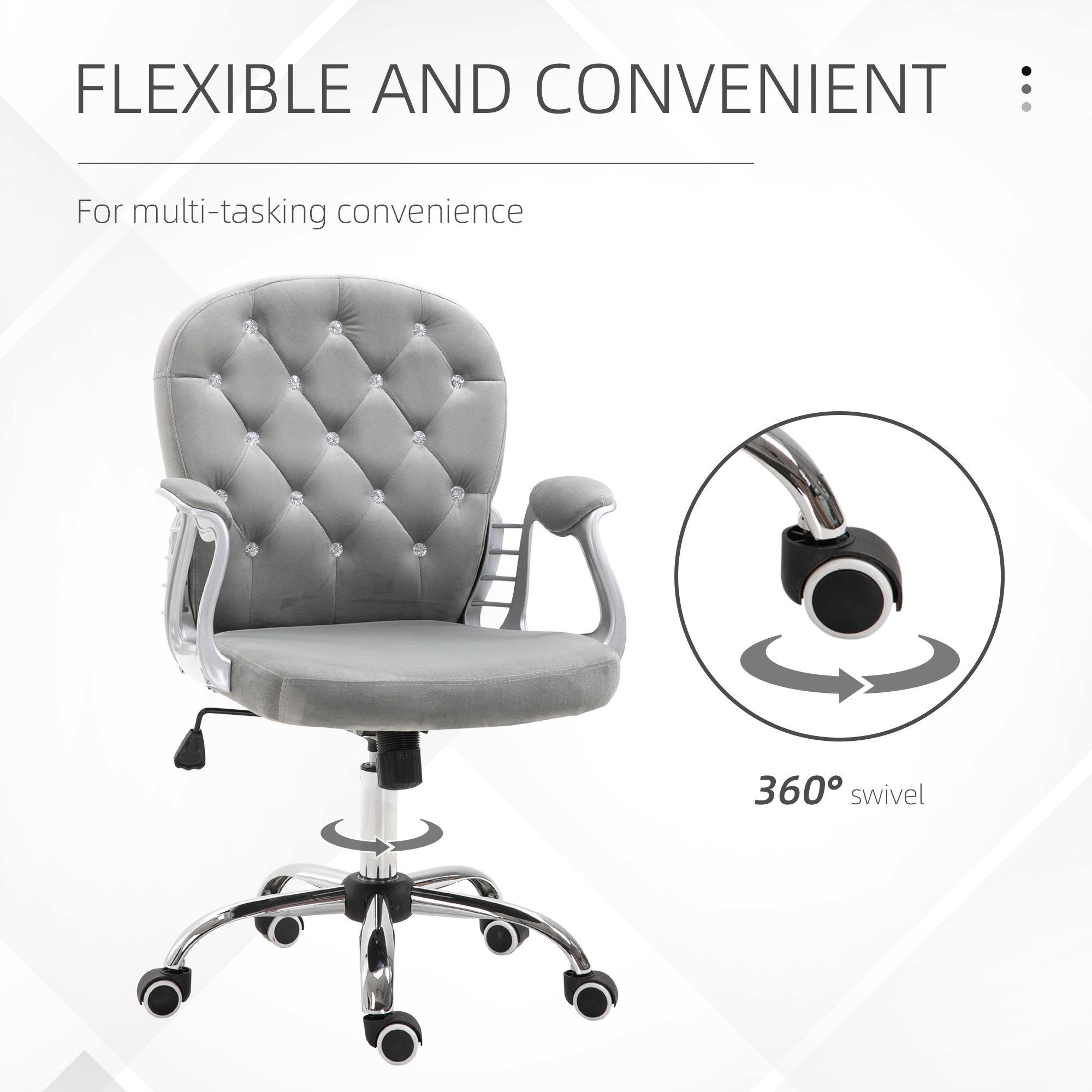 Velvet Home Office Chair, Button Tufted Desk Chair with Padded Armrests, Adjustable Height and Swivel Wheels, Gray | Premium 