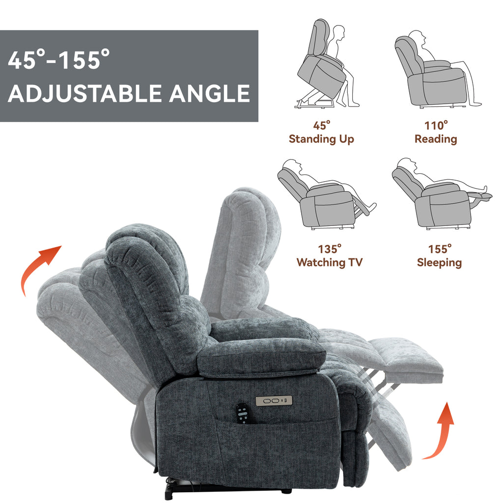 23' Seat Width and High Back Large Size Blue Grey Chenille Power Lift Recliner Chair with 8-Point Vibration Massage and Lumbar Heating - Grand Goldman Shop