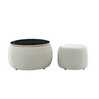 Light Grey Round Storage Ottoman, 2 in 1 Function End Table and Ottoman with Small Seat, Eucalyptus Wood and Foam - Grand Goldman Shop