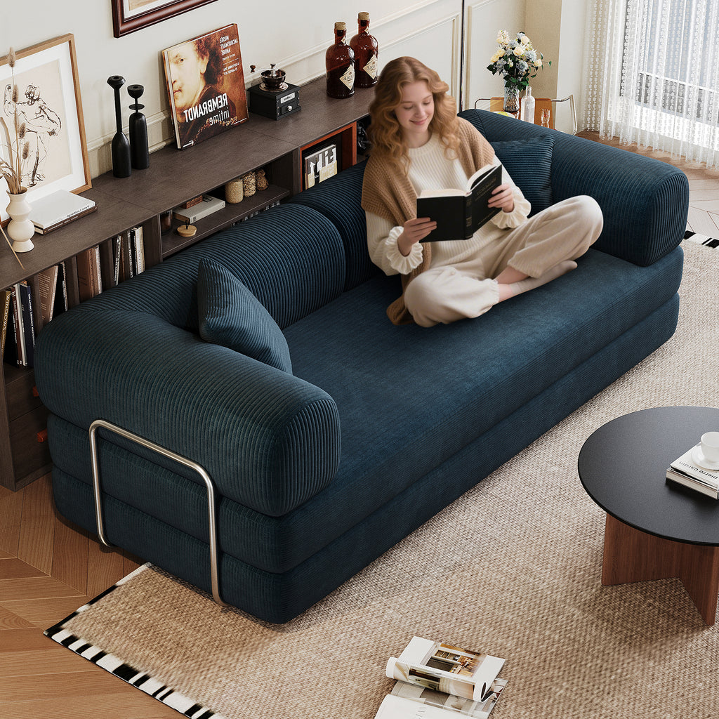 78.8' Compression Sofa,Convertible Floor Sofa Bed-with Pillow Back Support Armrest,Comfy Futon Couch Sleeper Bed,Loveseats Boneless Modular Sectional Sofa,Corduroy fabric,for Living Room,Bedroom,Blue - Grand Goldman Shop