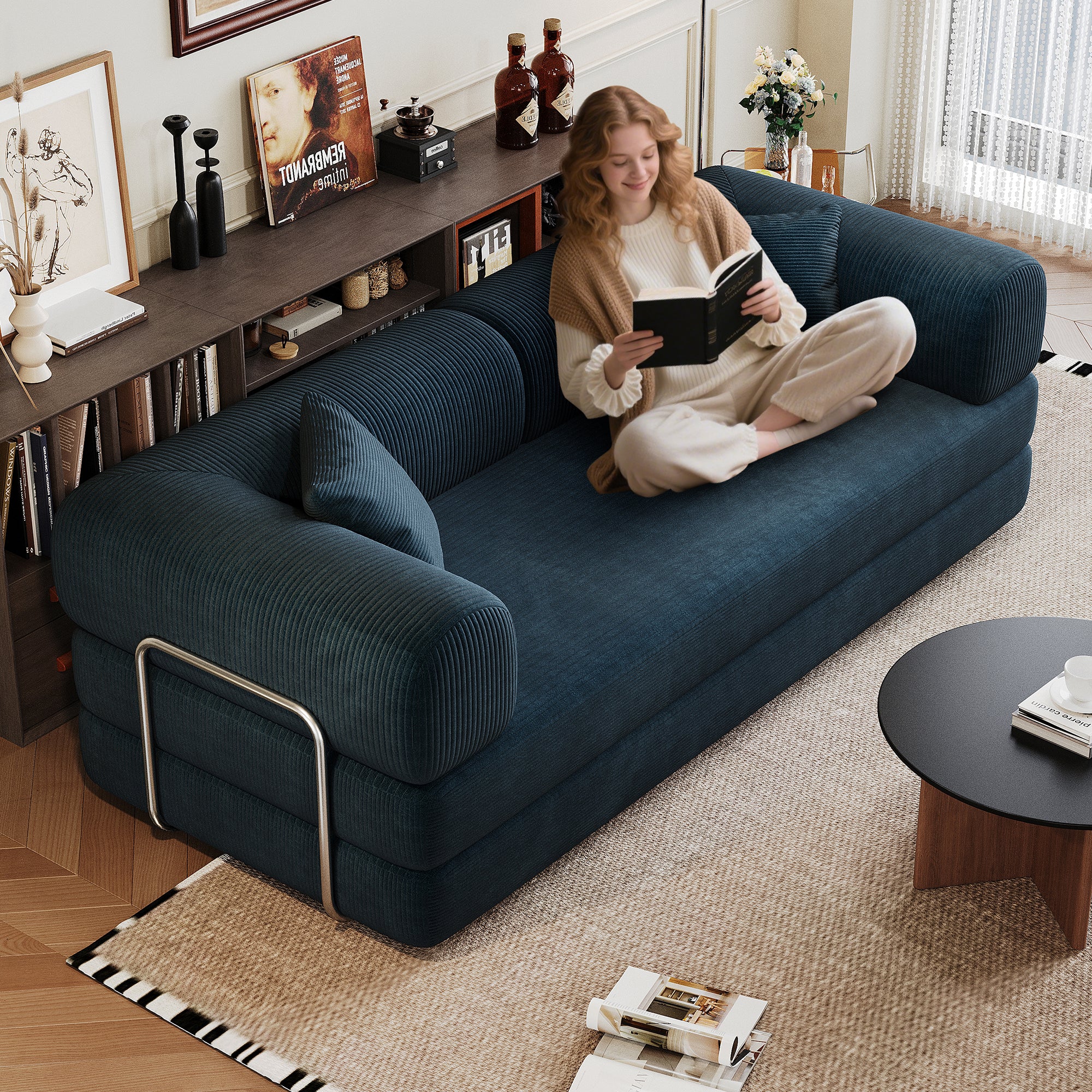 78.8' Compression Sofa,Convertible Floor Sofa Bed-with Pillow Back Support Armrest,Comfy Futon Couch Sleeper Bed,Loveseats Boneless Modular Sectional Sofa,Corduroy fabric,for Living Room,Bedroom,Blue - Grand Goldman Shop
