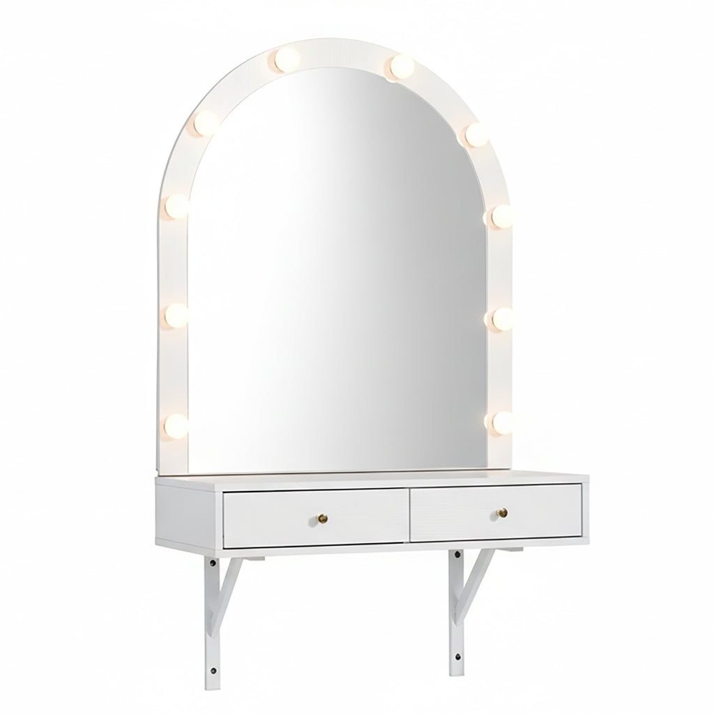 Floating Makeup Vanity Desk with Mirror & 3-Color Lights, Wall Dressing Table with Power Outlet, Compact vanity, Large Storage, White - Grand Goldman Shop