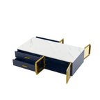Modern Navy Blue Coffee Table with 2 Glass Door Storage, 4 Drawers, Gold Metal Legs, and Multi-Color Lighting in 47.2'' - Grand Goldman Shop