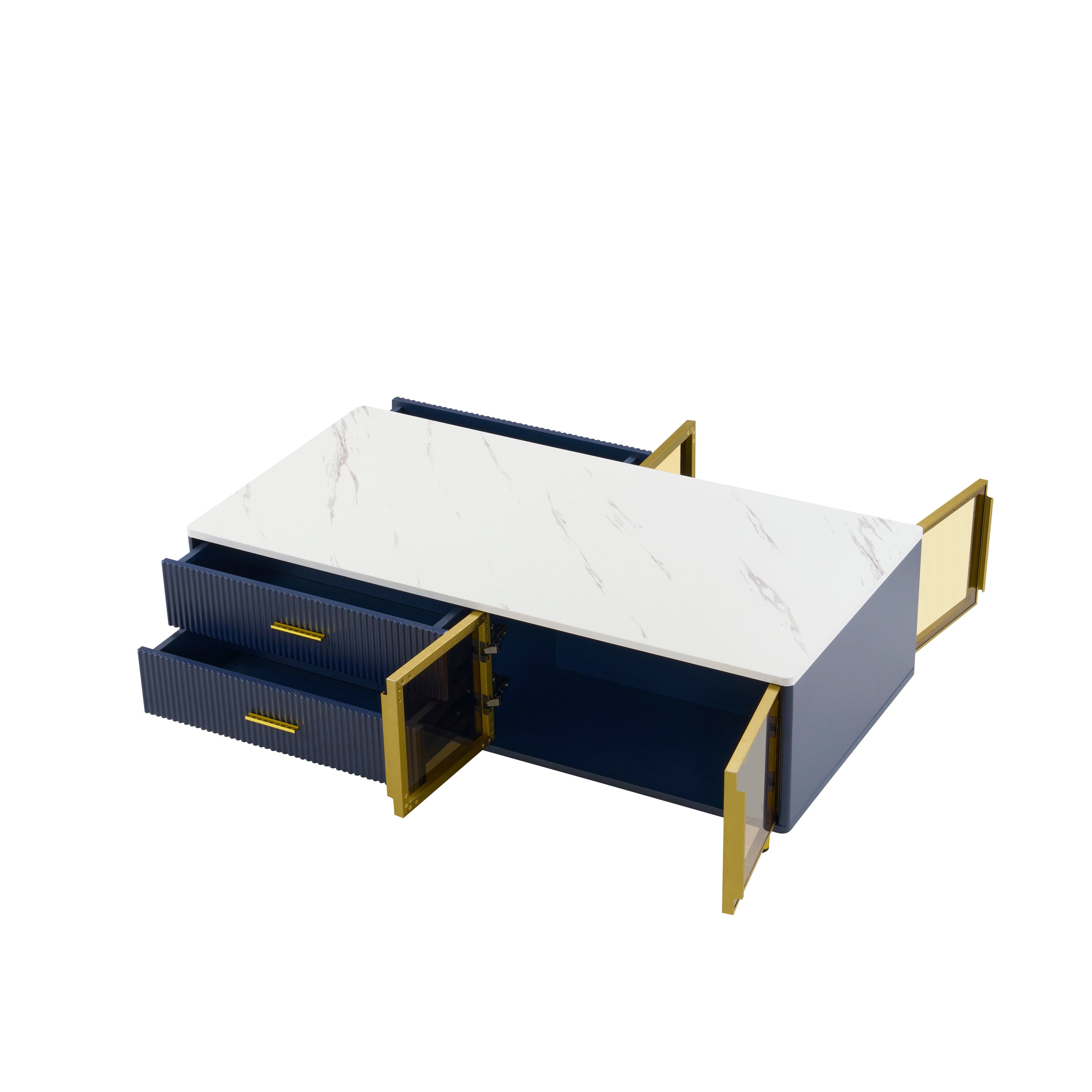 Modern Navy Blue Coffee Table with 2 Glass Door Storage, 4 Drawers, Gold Metal Legs, and Multi-Color Lighting in 47.2'' - Grand Goldman Shop