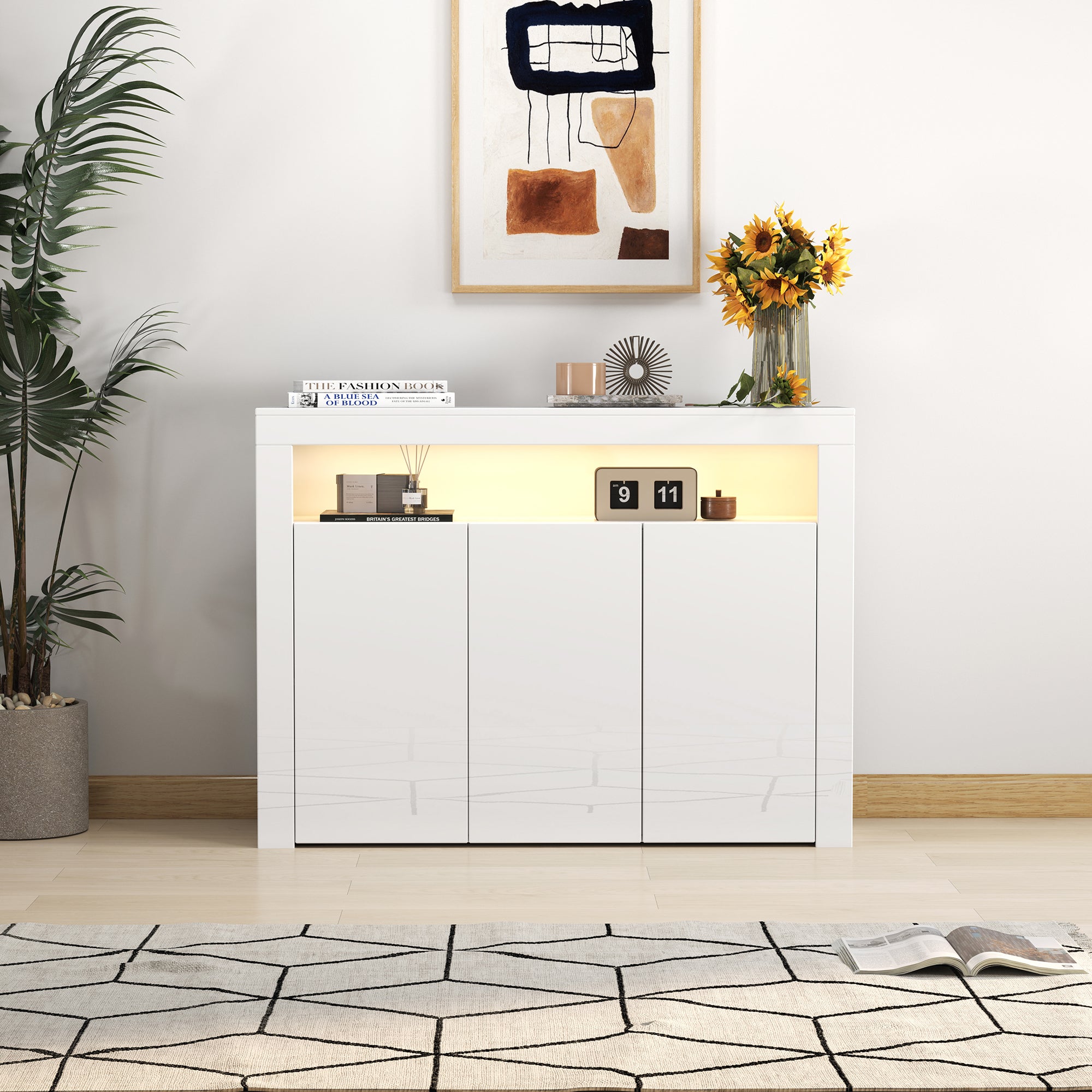 Living Room Sideboard Storage Cabinet WHITE  High Gloss with LED Light, Modern Kitchen Unit Cupboard Buffet Wooden Storage Display Cabinet TV Stand with 3 Doors for Hallway Dining Room - Grand Goldman Shop