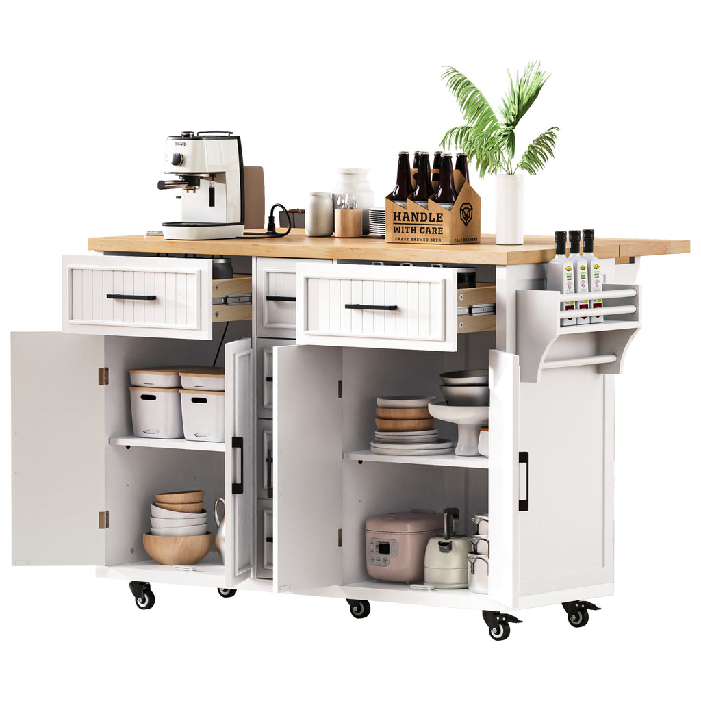 K&K 56.5'' Kitchen Island with Drop Leaf, Power Outlet, Embossed Vertical Stripe Rolling Kitchen Cart on Wheels with 4 Doors , 5 Deep Drawers and Adjustable Shelves, for Kitchen, Dining Room, White - Grand Goldman Shop