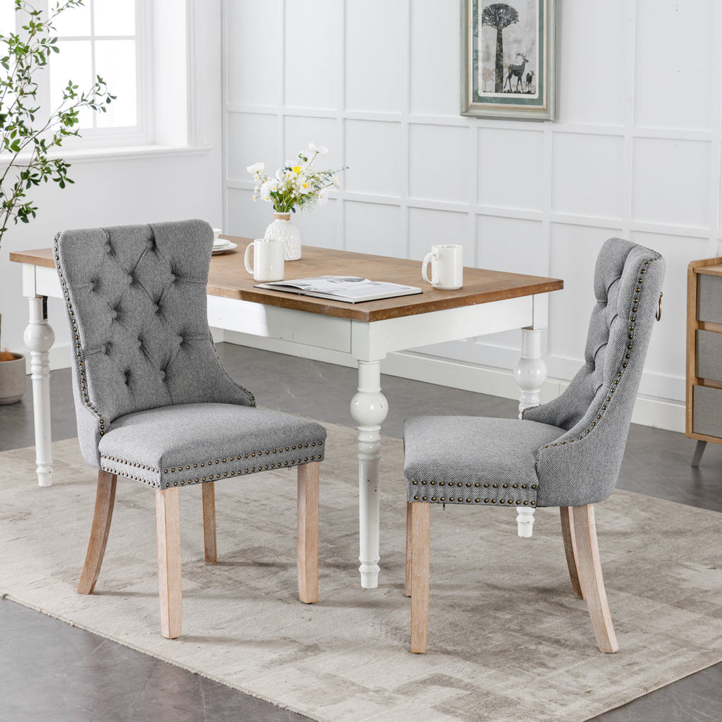 Nikki Collection Modern, High-end Tufted Solid Wood Contemporary Flax Upholstered Linen Dining Chair with Wood Legs Nailhead Trim 2-Pcs Set,Gray, SW6801GY - Grand Goldman Shop