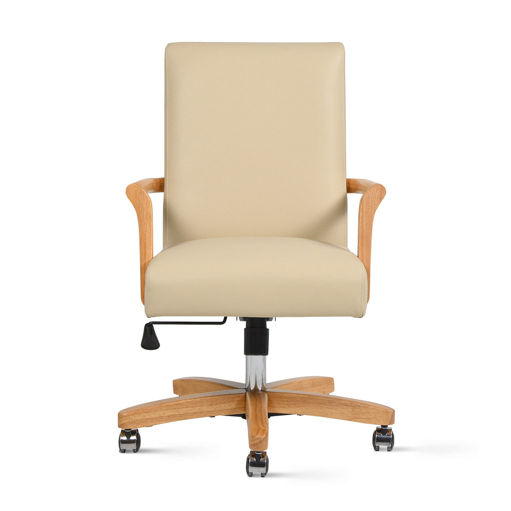 Dumont Modern Farmhouse High Back Executive Home Office Chair, Neutral Cream Beige Leather & Natural Wood | Premium Home Deco