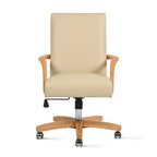 Dumont Modern Farmhouse High Back Executive Home Office Chair, Neutral Cream Beige Leather & Natural Wood | Premium Home Deco