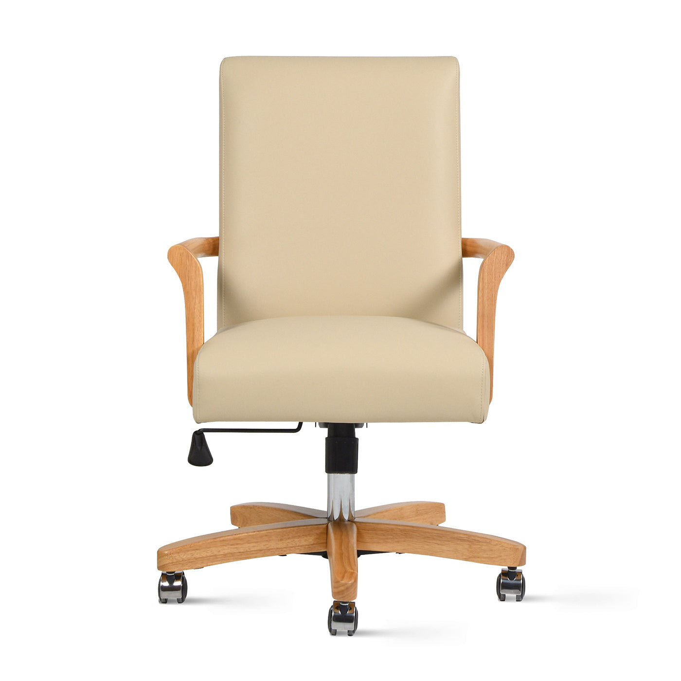 Dumont Modern Farmhouse High Back Executive Home Office Chair, Neutral Cream Beige Leather & Natural Wood | Premium Home Deco