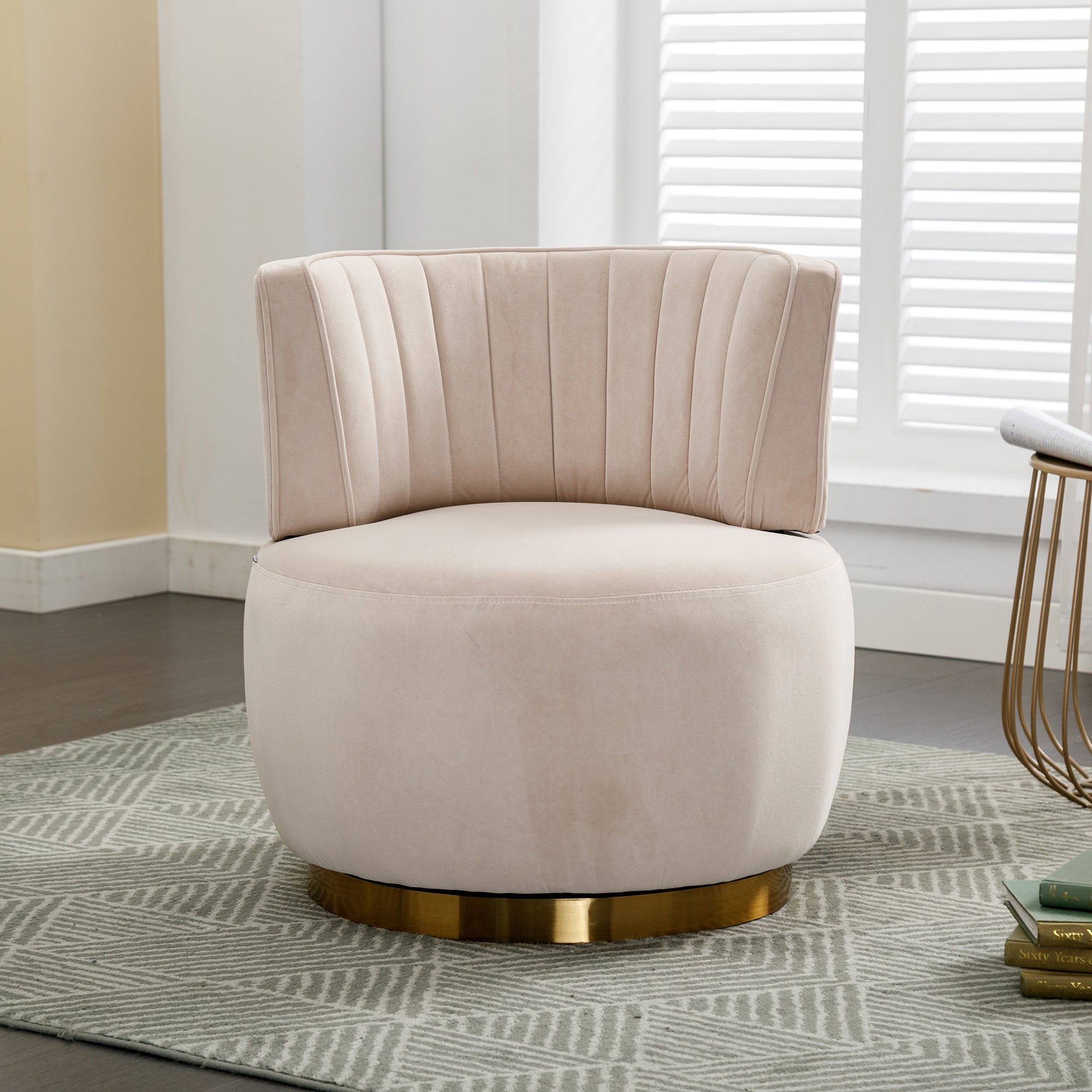 Swivel Barrel Accent Sofa Chair, 360 Degree Rotation, Fluffy Velvet Fabric, Beige, 25.20'' x 25.59'' x 26.38'' - Grand Goldman Shop