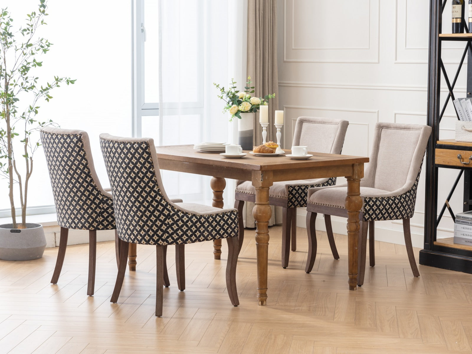 A&A Furniture, Ultra Side Dining Chair, Thickened fabric chairs with neutrally toned solid wood legs, Bronze nail head, Set of 2, Beige and Patterned,SW2207BG - Grand Goldman Shop