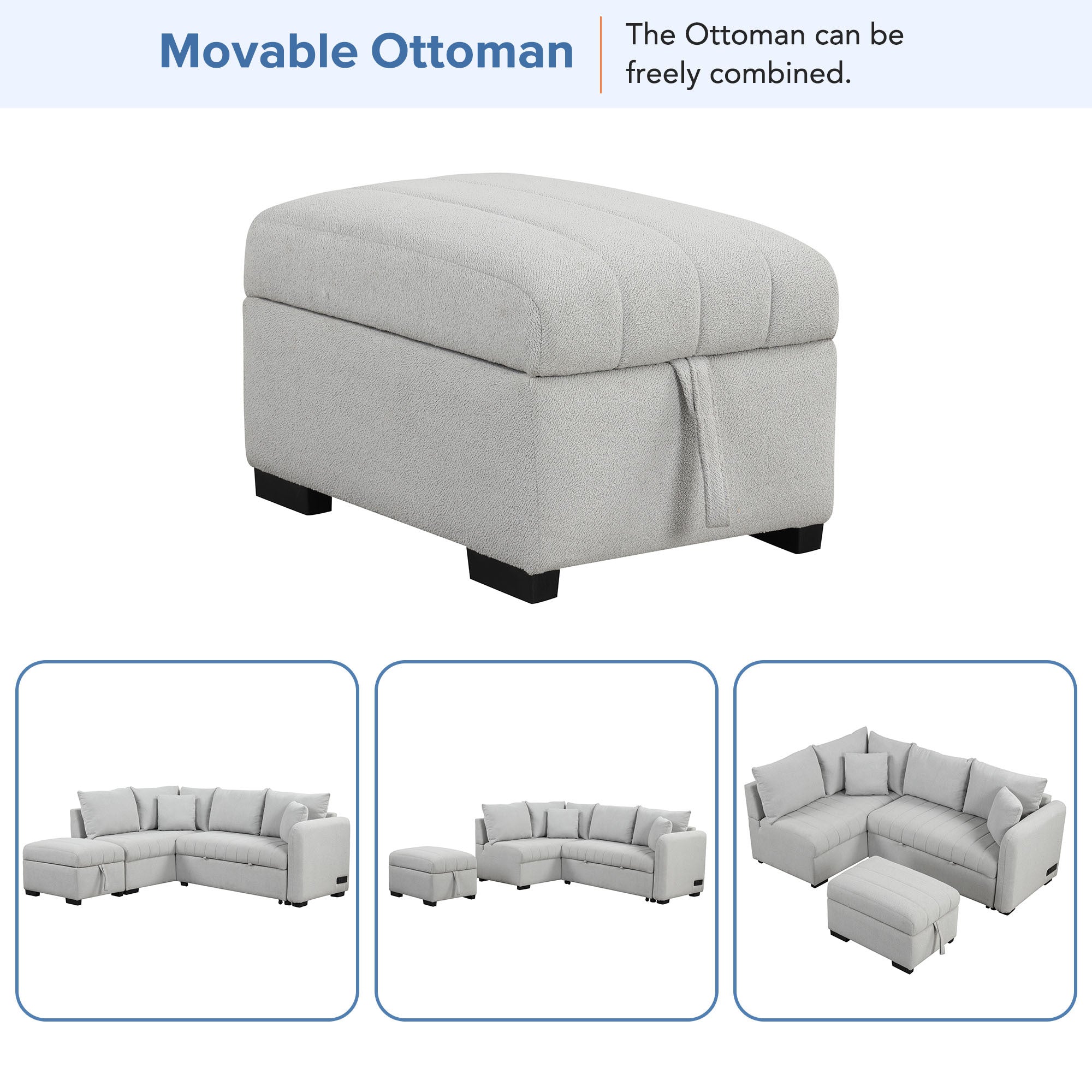 Modern L-shaped Sectional Pull Out Sofa Bed with USB Ports & Storage Ottoman, Gray Jacquard Fabric, 82.6' - Grand Goldman Shop
