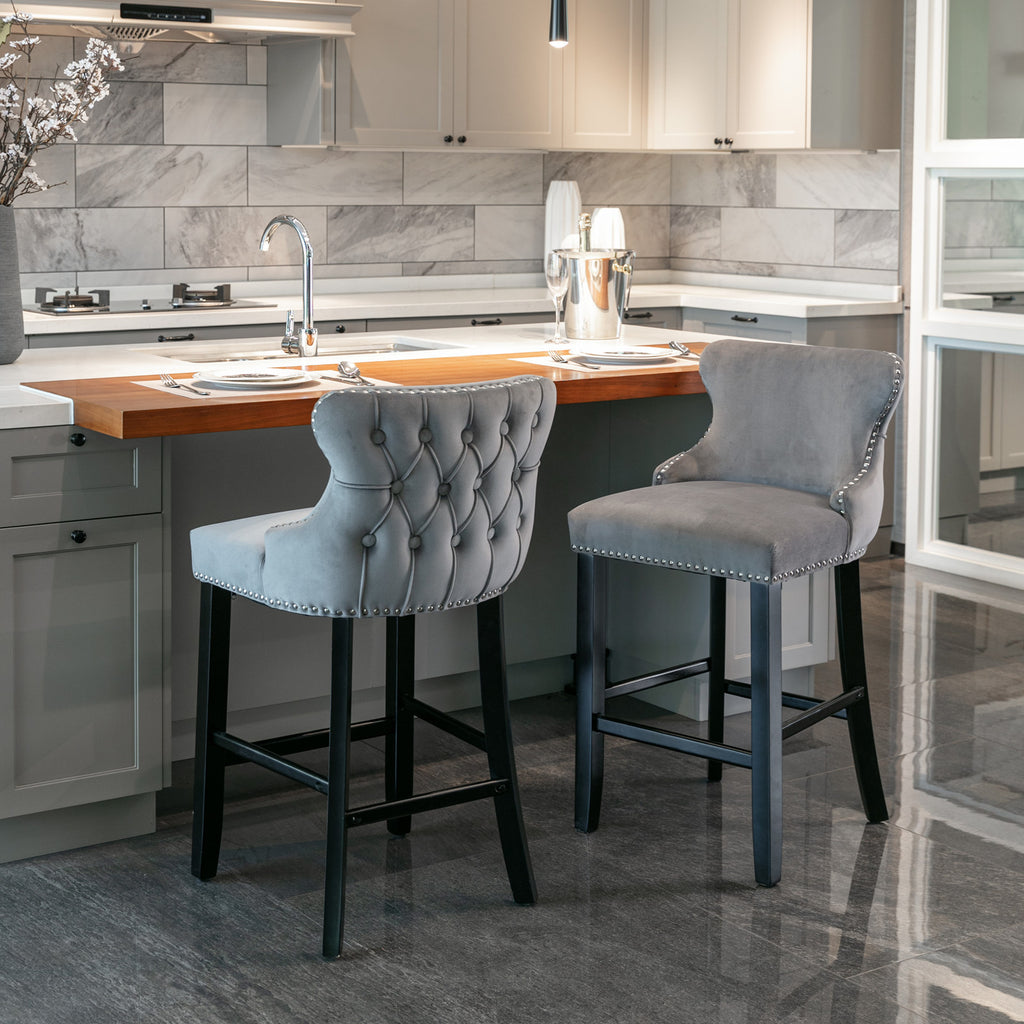A&A Furniture,Contemporary Velvet Upholstered Wing-Back Barstools with Button Tufted Decoration and Wooden Legs, and Chrome Nailhead Trim, Leisure Style Bar Chairs,Bar stools, Set of 2 (Gray),SW1824GY - Grand Goldman Shop