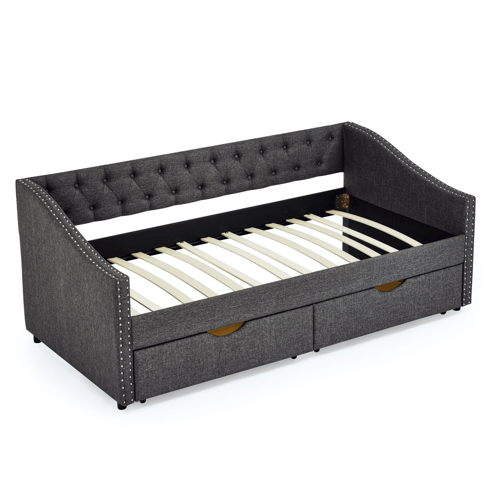 Twin Size Daybed with Drawers Upholstered Tufted Sofa Bed in Dark Grey Linen, Button Back and Copper Nail Trimmed Waved Arms, 81.5''x41''x30.5'' - Grand Goldman Shop