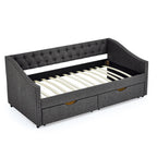 Twin Size Daybed with Drawers Upholstered Tufted Sofa Bed in Dark Grey Linen, Button Back and Copper Nail Trimmed Waved Arms, 81.5''x41''x30.5'' - Grand Goldman Shop