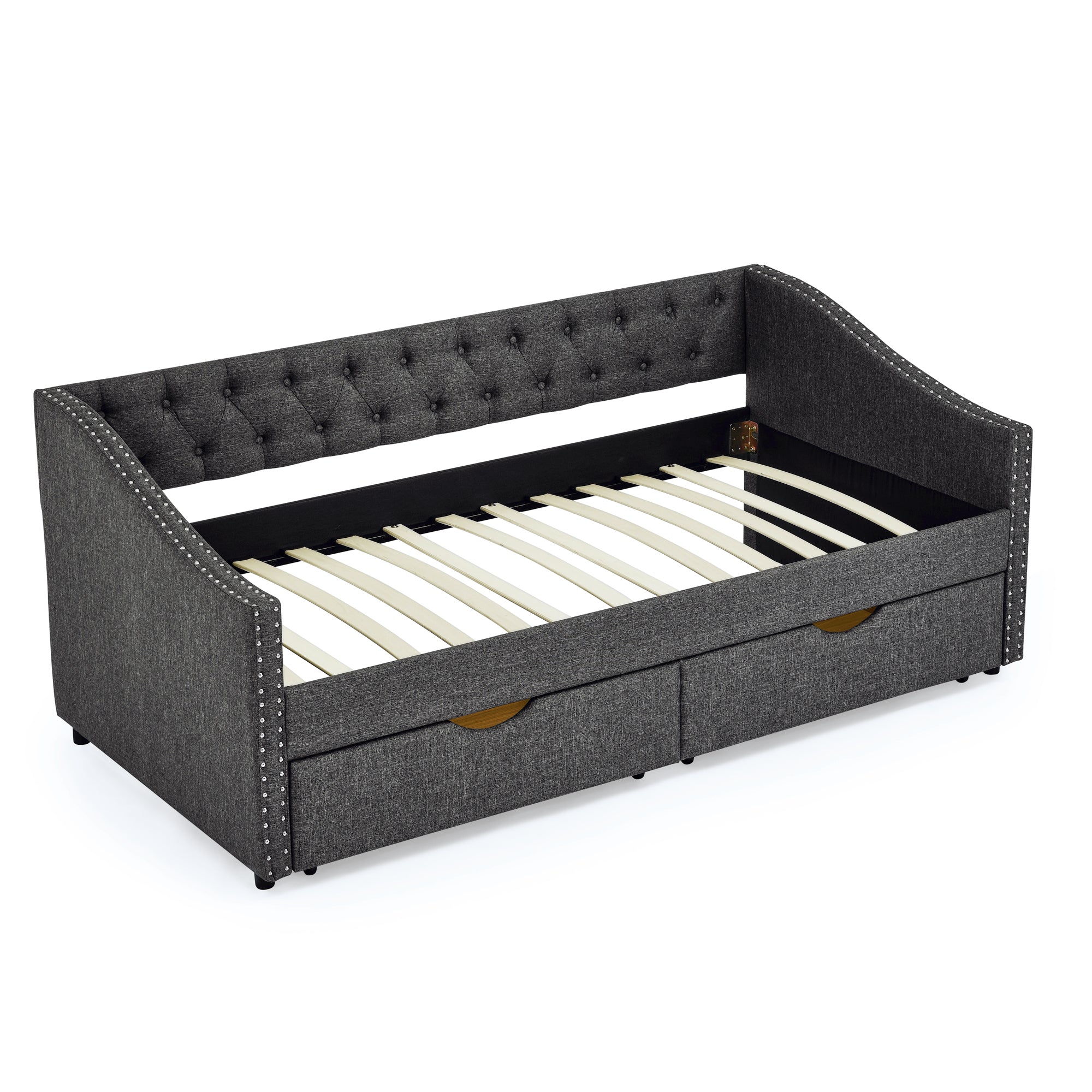 Twin Size Daybed with Drawers Upholstered Tufted Sofa Bed in Dark Grey Linen, Button Back and Copper Nail Trimmed Waved Arms, 81.5''x41''x30.5'' - Grand Goldman Shop