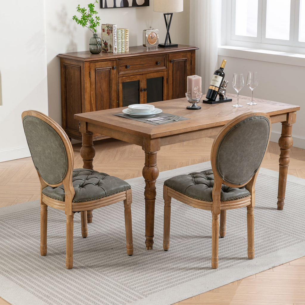 French Style Solid Wood Frame Antique Painting,Hand-pulled buckle decoration PU artificial leather Dining Chair with Nailhead Trim ,Wood Legs,Set of 2,White Pine Green,SW1839WP - Grand Goldman Shop