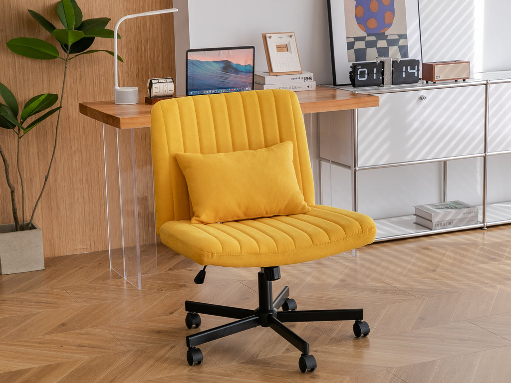 Yellow Linen Criss Cross Armless Office Chair with Wheels - Modern Comfort for Home Office, Meditation & Makeup Spaces - Gran
