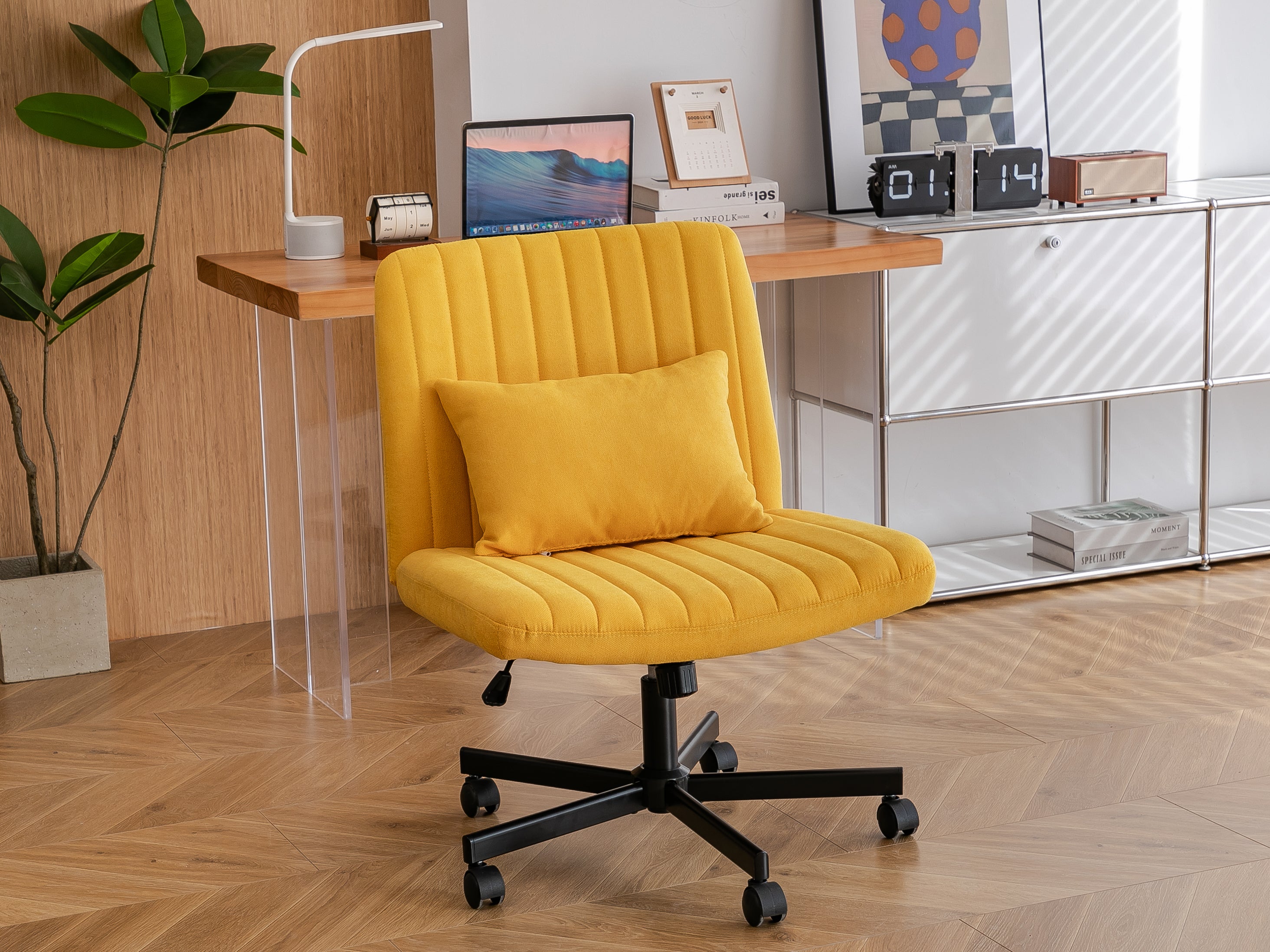 Yellow Linen Criss Cross Armless Office Chair with Wheels - Modern Comfort for Home Office, Meditation & Makeup Spaces - Gran