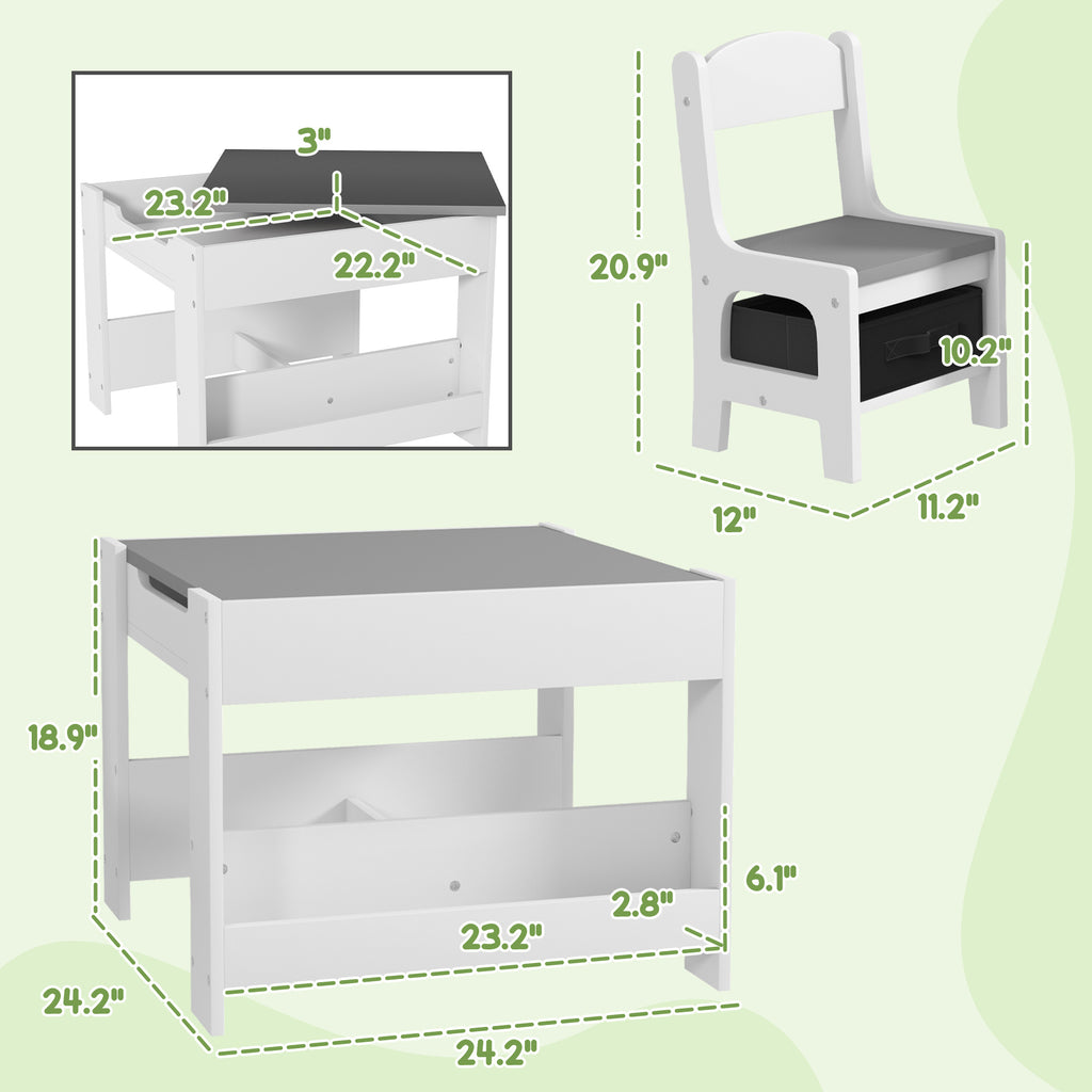 Qaba 3 Piece Kids Table and Chair Set, 2 in 1 Toddler Table and Chair Set with Reversible Tabletop Blackboard, Storage & Book