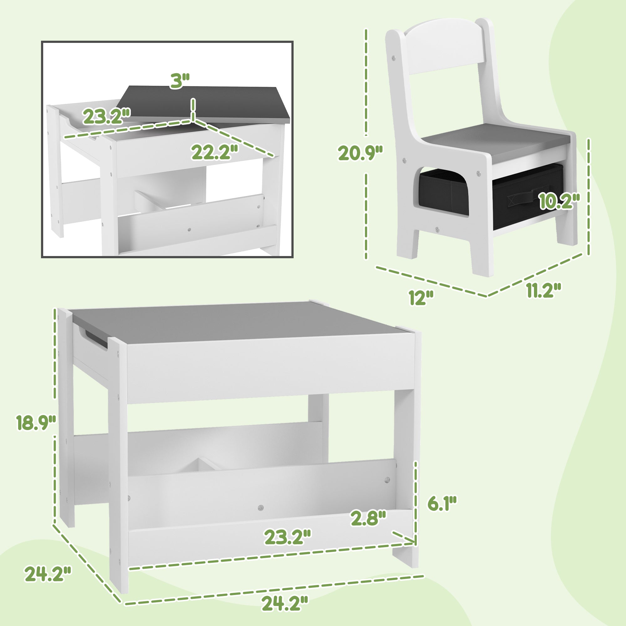 Qaba 3 Piece Kids Table and Chair Set, 2 in 1 Toddler Table and Chair Set with Reversible Tabletop Blackboard, Storage & Book