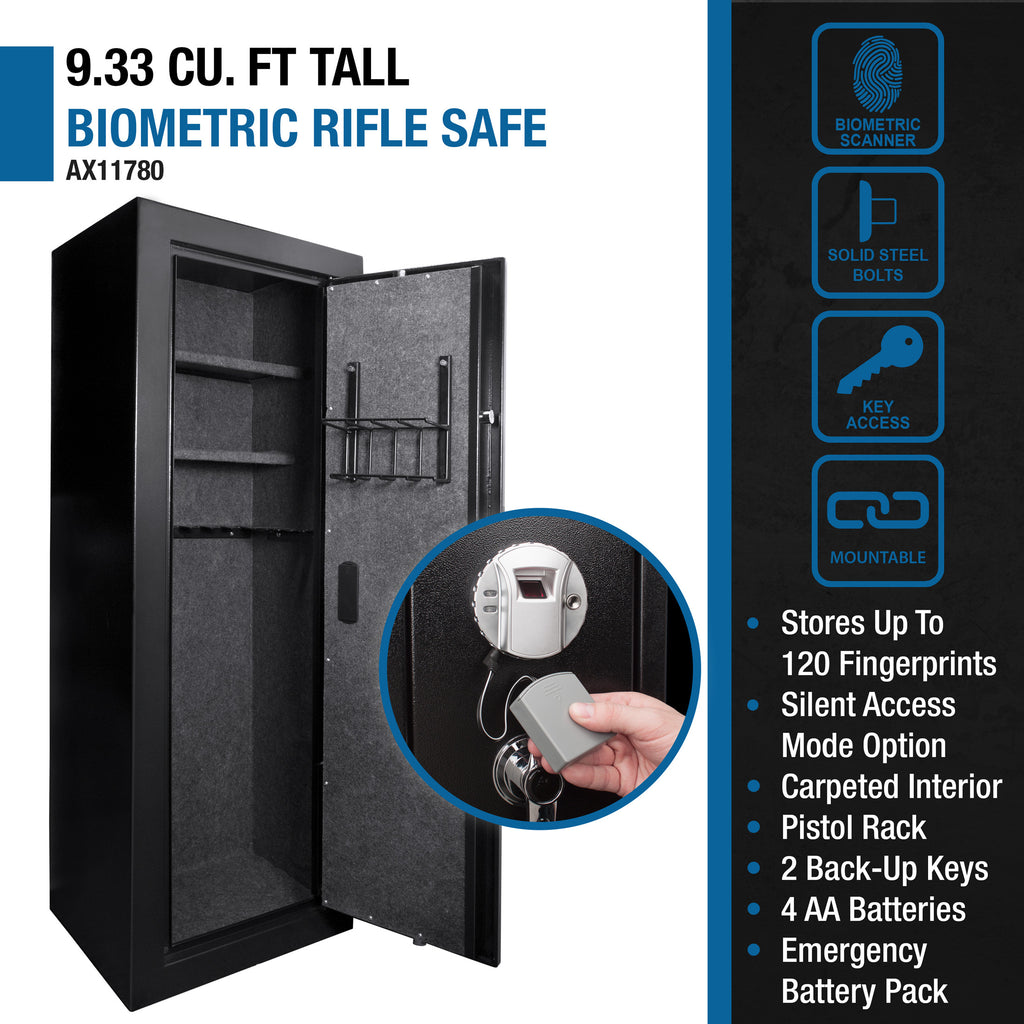 Tall Biometric Rifle Safe with 9.33 Cubic Ft Storage Capacity in Black Steel - Grand Goldman