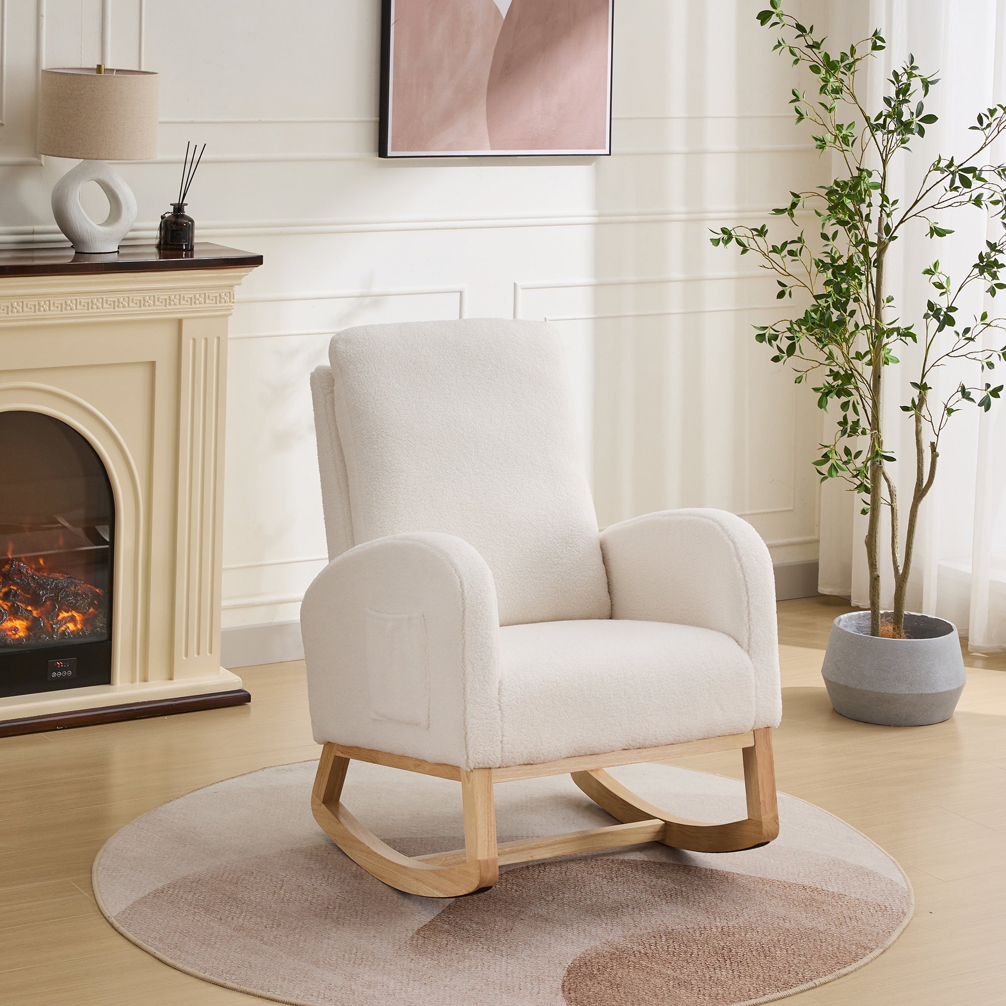 27.2'W Rocking Chair for Nursery, Sherpa Glider Chair with High Back and Side Pocket, Rocking Accent Armchair with Rubber Wood Legs for Living Room/Bedroom.Ivory - Grand Goldman Shop