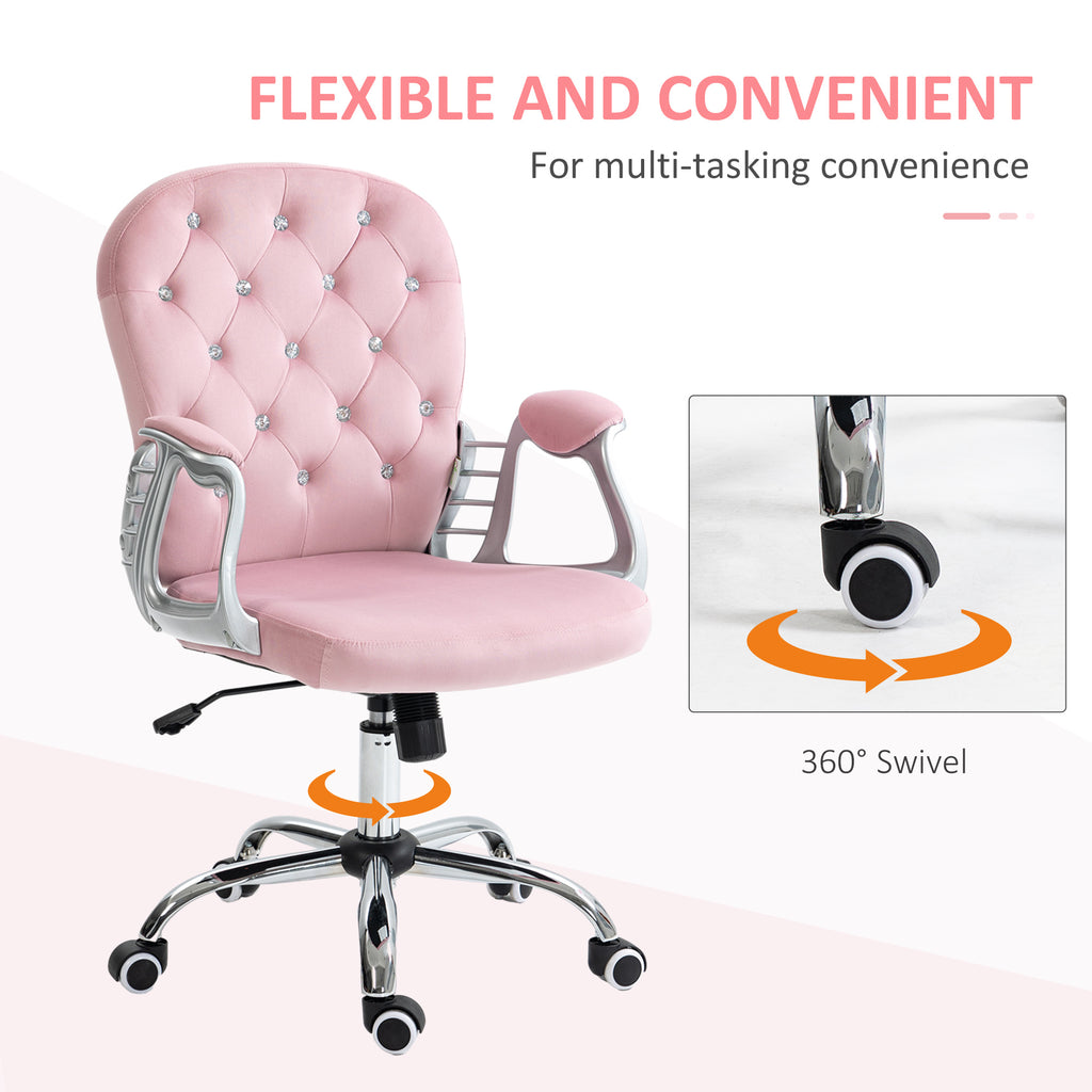 Vinsetto Velvet Home Office Chair, Button Tufted Desk Chair with Padded Armrests, Adjustable Height and Swivel Wheels, Pink |