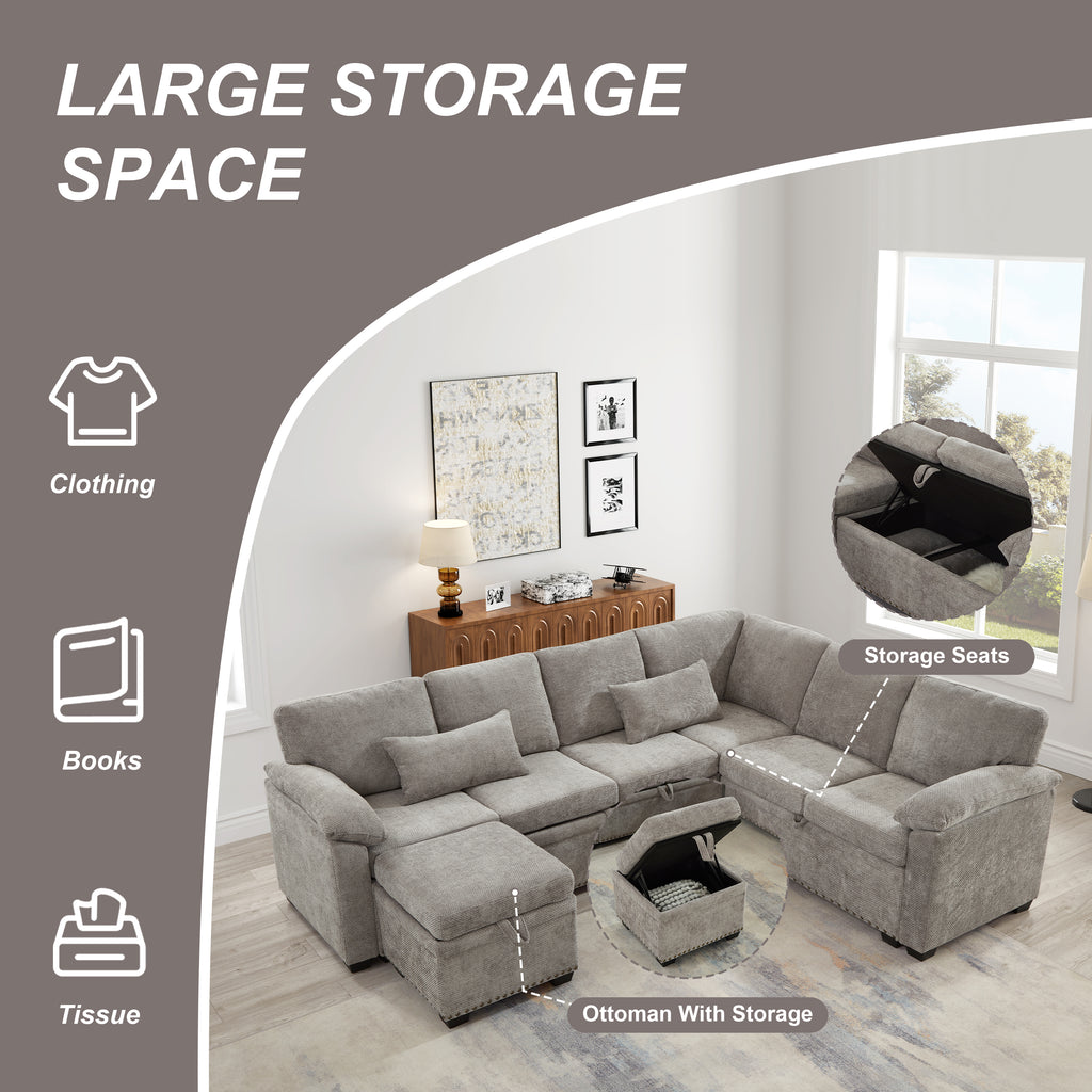 97 Inch L-Shaped Corner Sectional Sofa Couch with Storage Ottoman,Chenille Fabric Couch with 7 Seats & 2 Pillows for Living Room, Modern, Small Space, Easy Assembly,Grey - Grand Goldman Shop