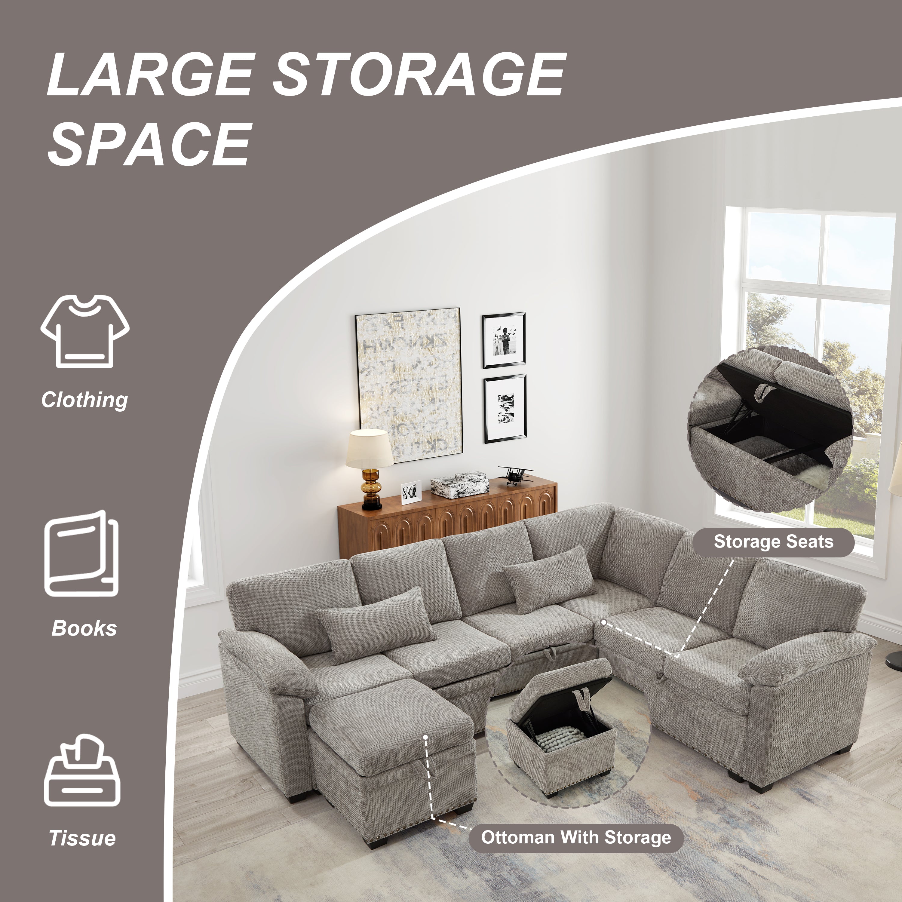 97 Inch L-Shaped Corner Sectional Sofa Couch with Storage Ottoman,Chenille Fabric Couch with 7 Seats & 2 Pillows for Living Room, Modern, Small Space, Easy Assembly,Grey - Grand Goldman Shop