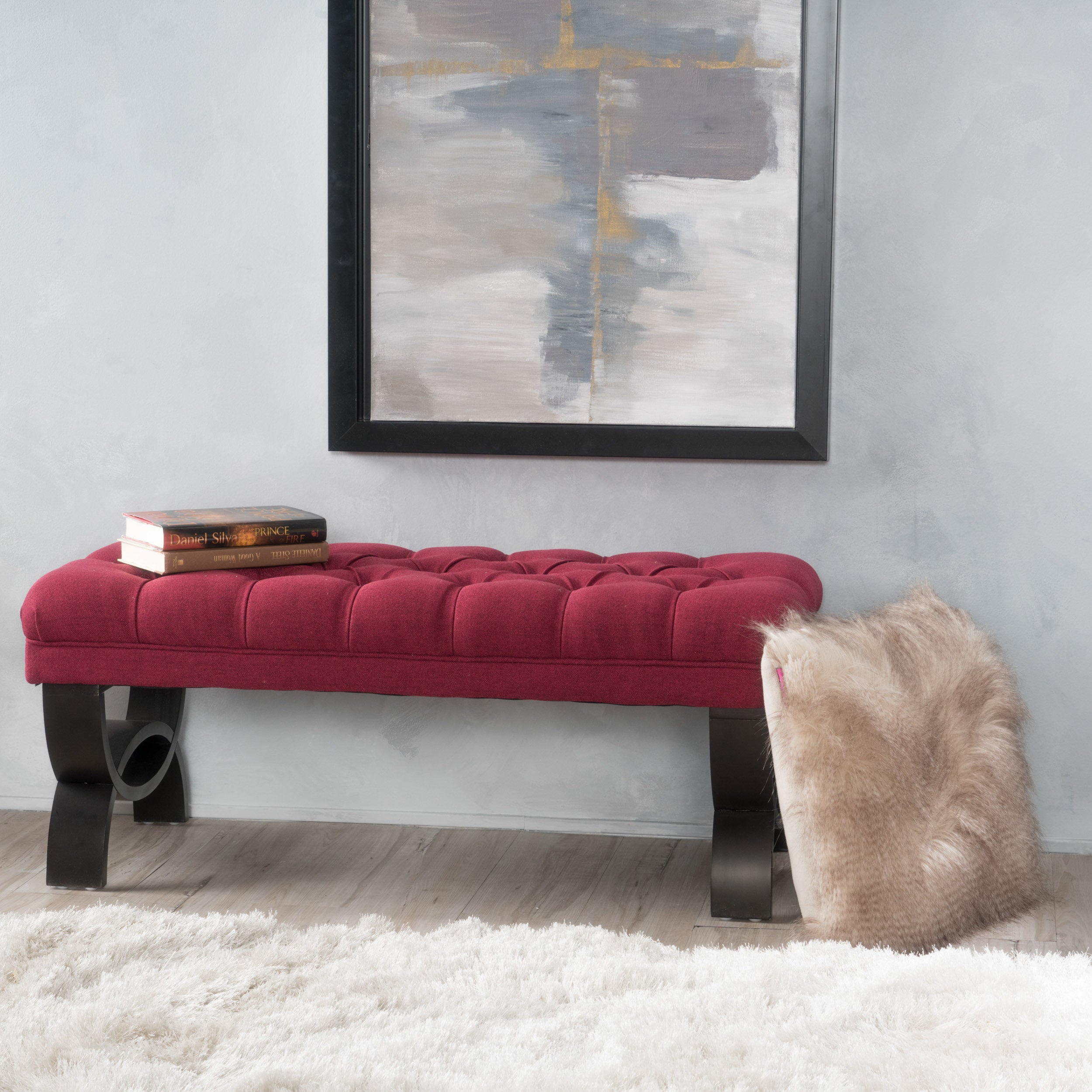 HILTON Ottoman Bench with Button Tufting and Half-Circle Legs in Red Fabric - Grand Goldman Shop