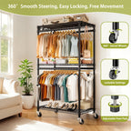 Heavy Duty Rolling Clothes Rack with 3 Tier Shelves, 2 Rails & Side Hooks, Adjustable Freestanding Organizer, Black Metal - Grand Goldman Shop