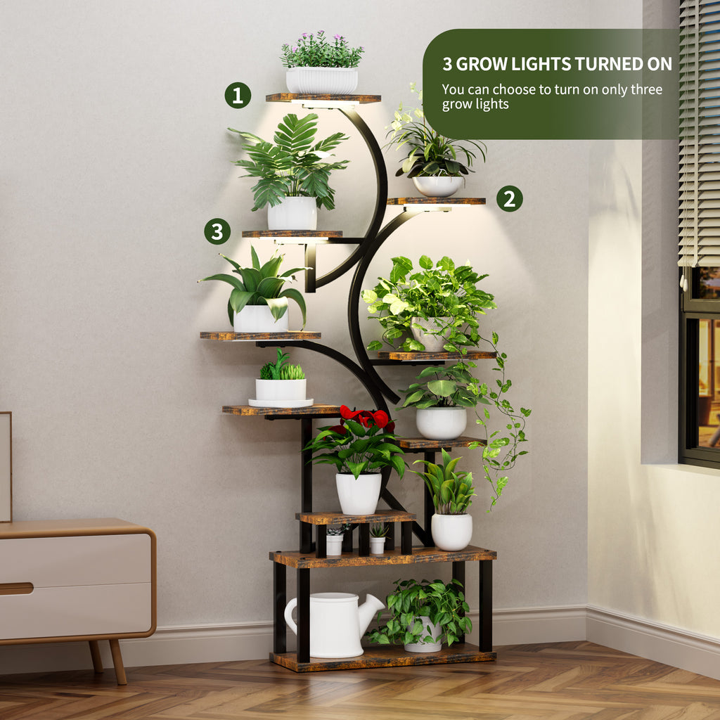S-Shaped 10-Tier Plant Stand with 5 Grow Lights in Deep Rustic Brown, MDF and Steel, 68.5' Tall for Indoor Plants - Grand Goldman Shop