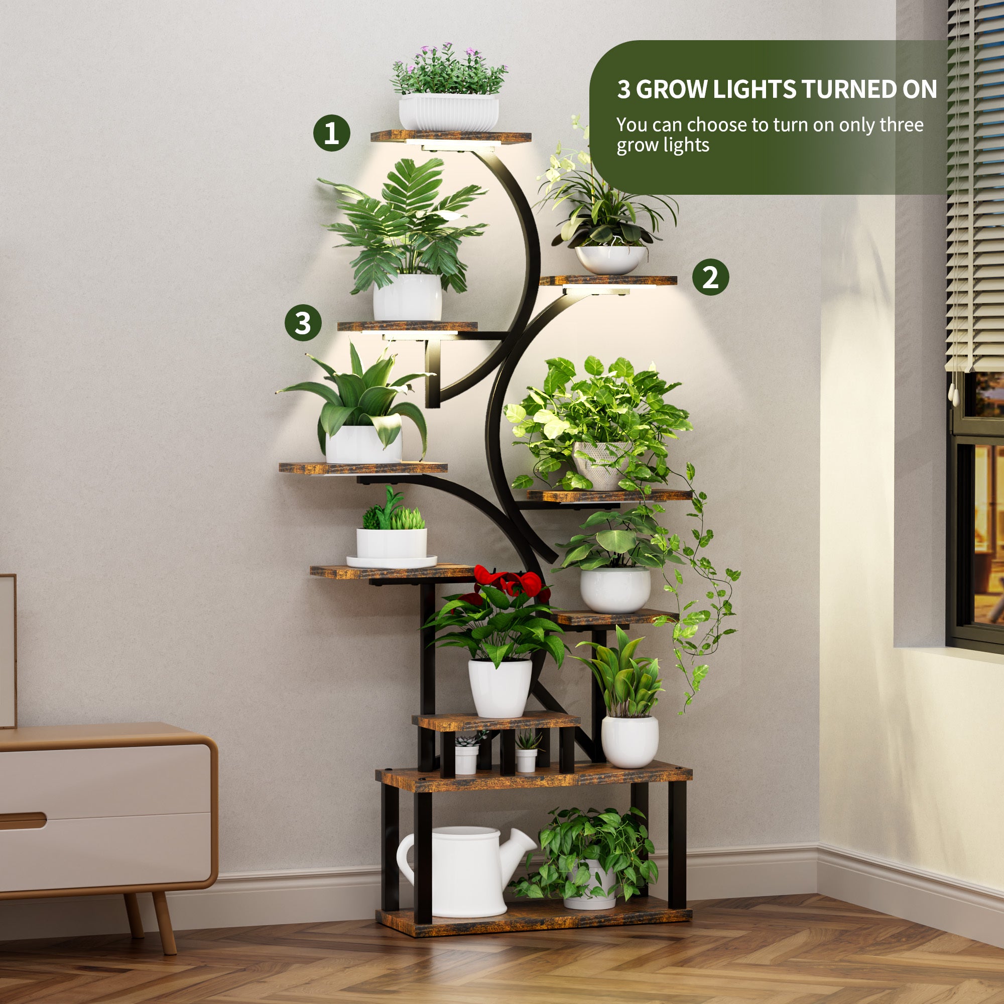S-Shaped 10-Tier Plant Stand with 5 Grow Lights in Deep Rustic Brown, MDF and Steel, 68.5' Tall for Indoor Plants - Grand Goldman Shop