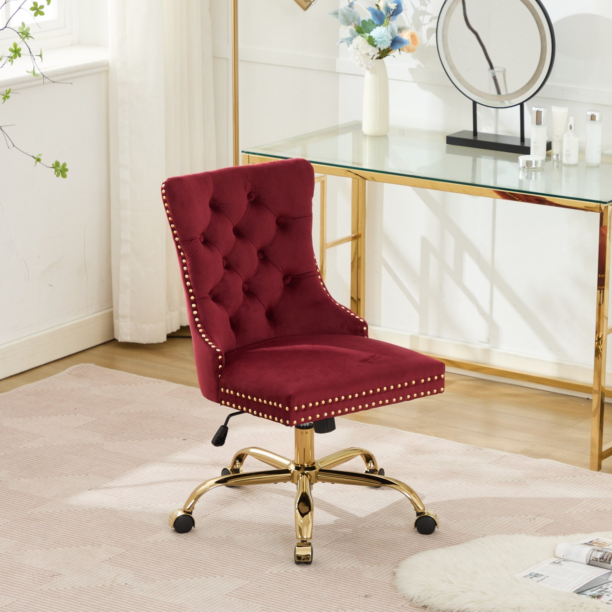 A&A Furniture Office Chair,Modern Velvet Upholstered Tufted Button Home Office Chair with Golden Metal Base,Adjustable Desk C