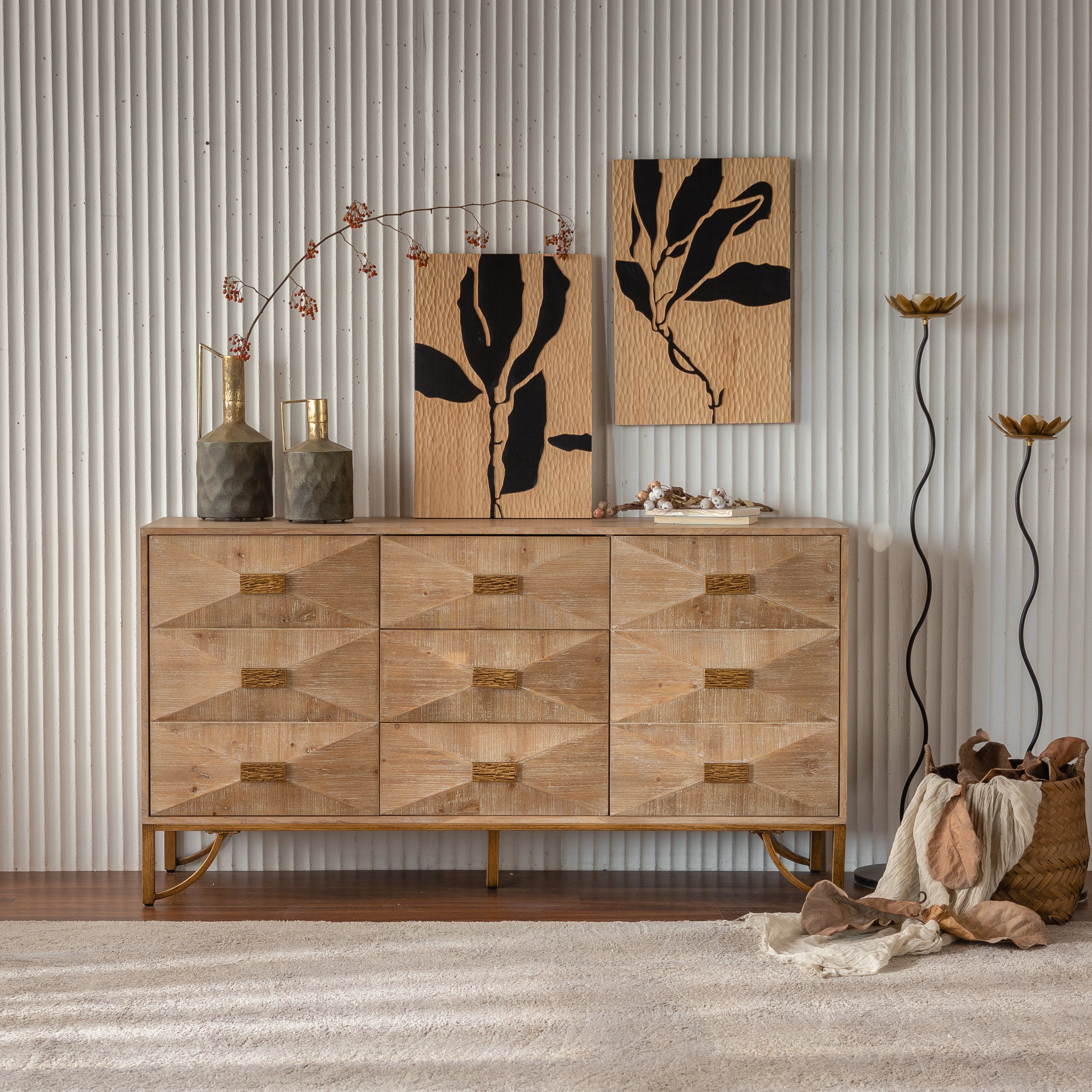59.44' Light Wood Sideboard Buffet - 3-Drawer + 2-Door Storage Cabinet with Geometric Relief Fronts, Gold Metal Legs for Living Room/Dining Room - Grand Goldman Shop