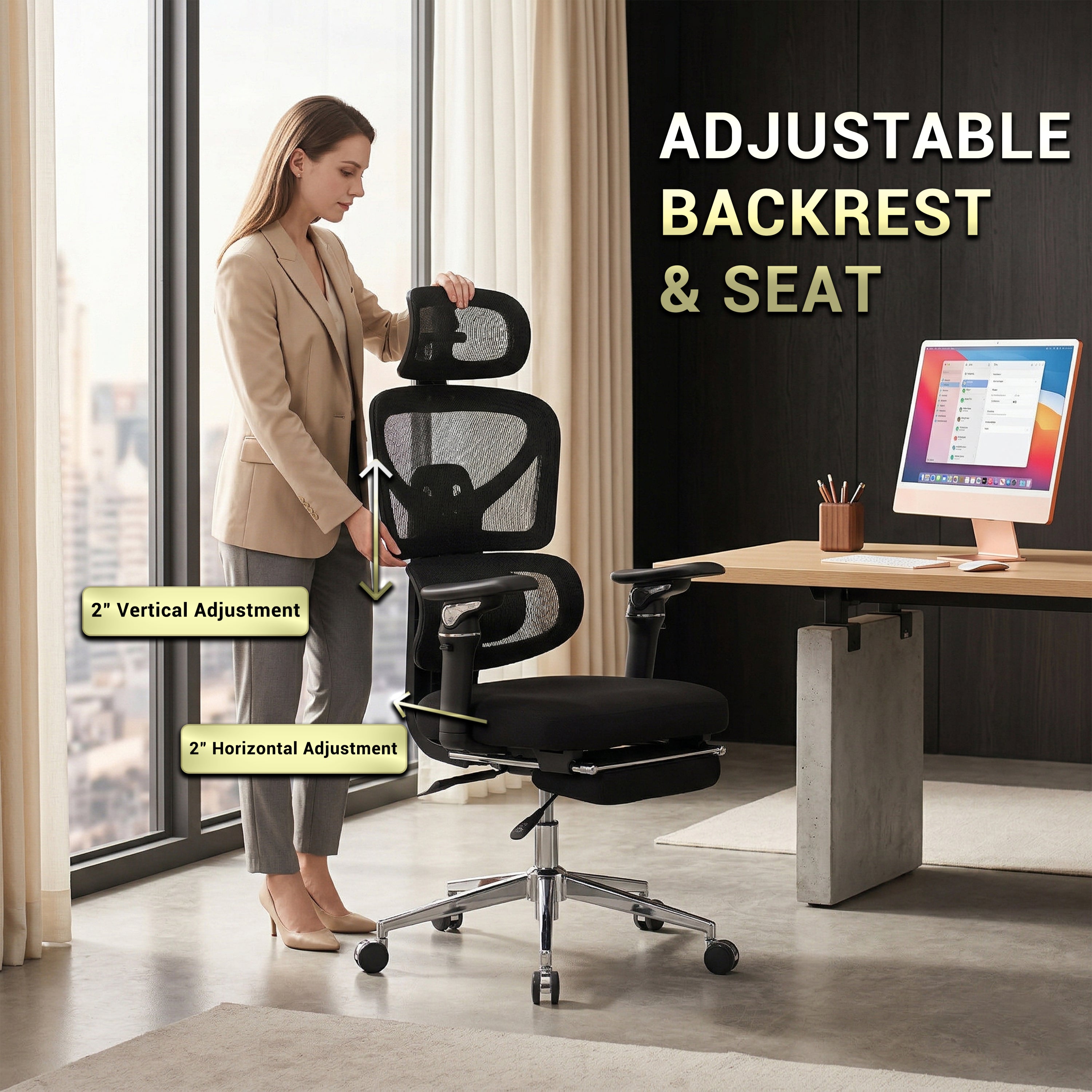 Ergonomic Home Office Desk Chair with Massage Lumbar Support,4D Headrest & 5D Armrests, Adjustable Back High and Seat Depth(B