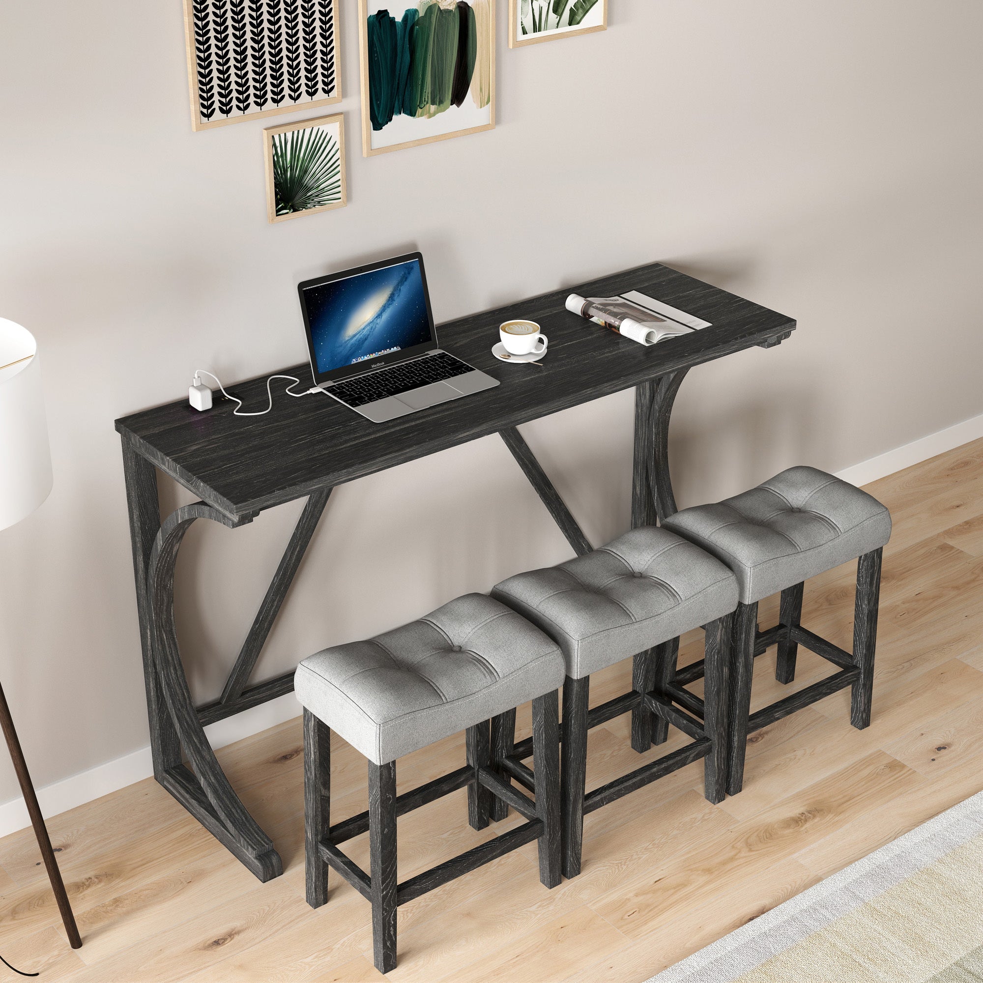 Bar Table Set with Power Outlet, Bar Table and Chairs Set, 4 Piece Dining Table Set, Industrial Breakfast Table Set, for Living Room, Dining Room, Game Room - Grand Goldman Shop