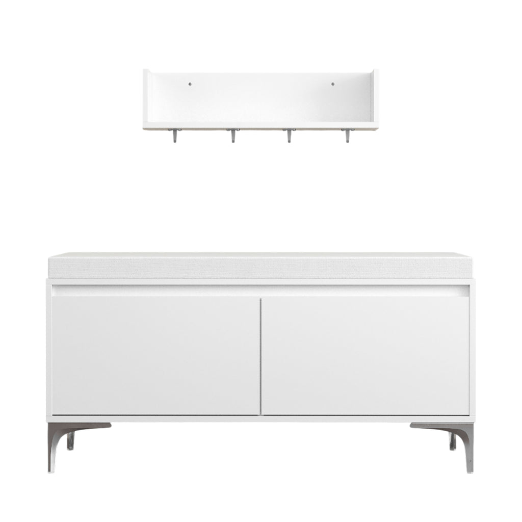 Modern White Wall-Mounted Entryway Shelf with Hooks and Storage Bench Set, Off White Metal & Wood, 39.37 x 15.75 x 19.49 inches - Grand Goldman Shop