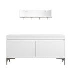 Modern White Wall-Mounted Entryway Shelf with Hooks and Storage Bench Set, Off White Metal & Wood, 39.37 x 15.75 x 19.49 inches - Grand Goldman Shop