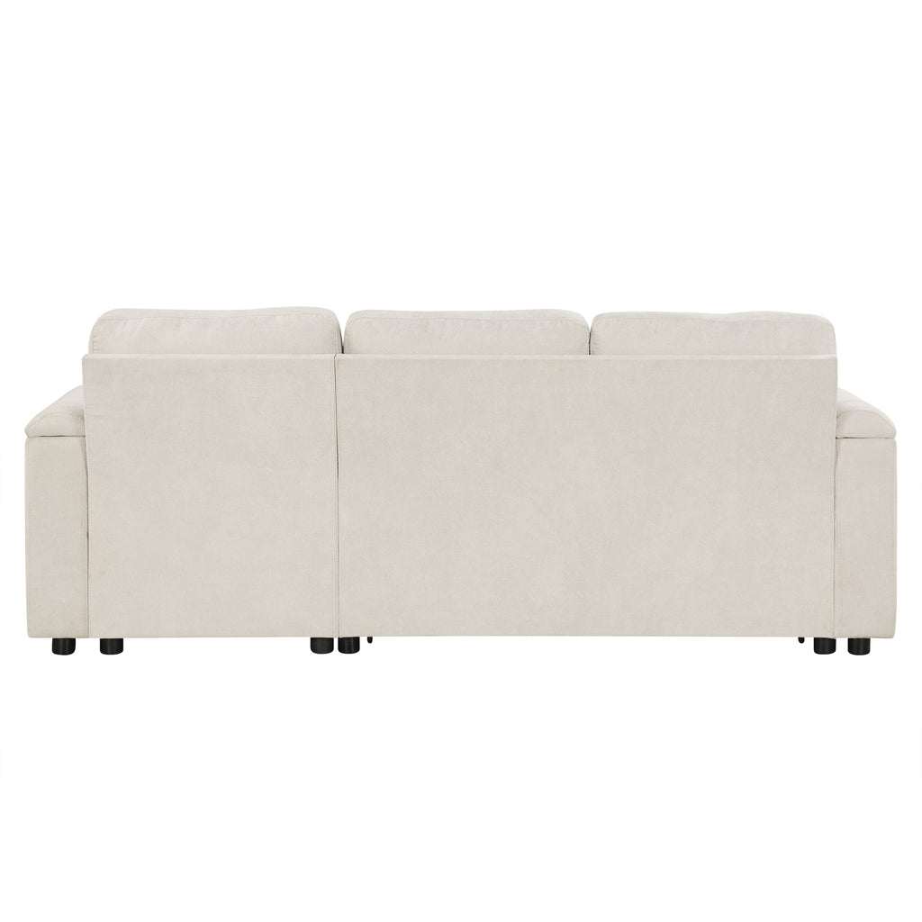 Convertible L-shaped Beige Sofa Couch with Storage, Cup Holders, USB Ports, Chenille Fabric - Grand Goldman Shop